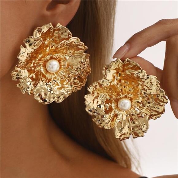 Gold Textured Flower Pearl Center Statement Earrings - Picture 1 of 5